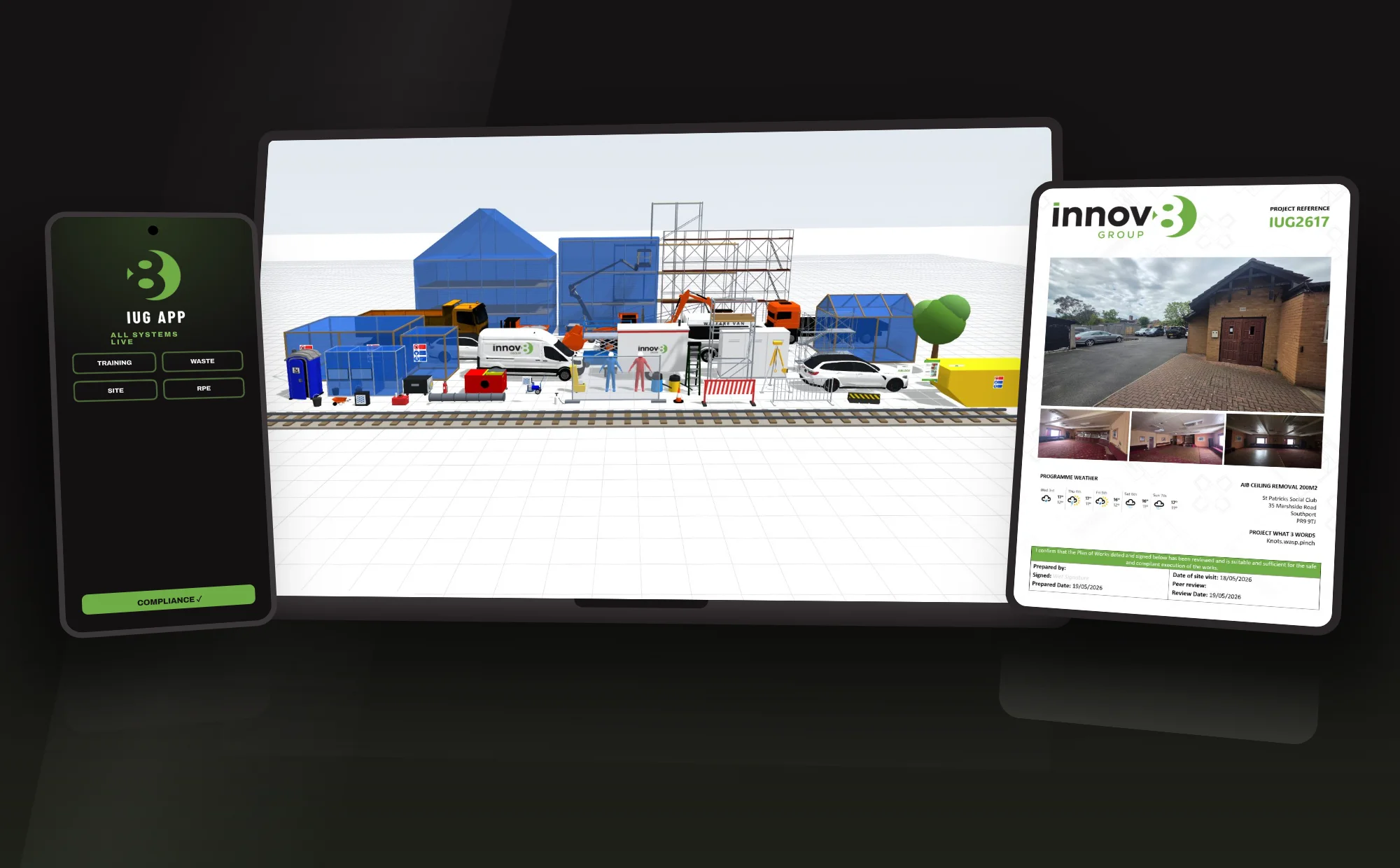 The IUG App, in-house 3D site planner and digital RAMS — phone, laptop and tablet