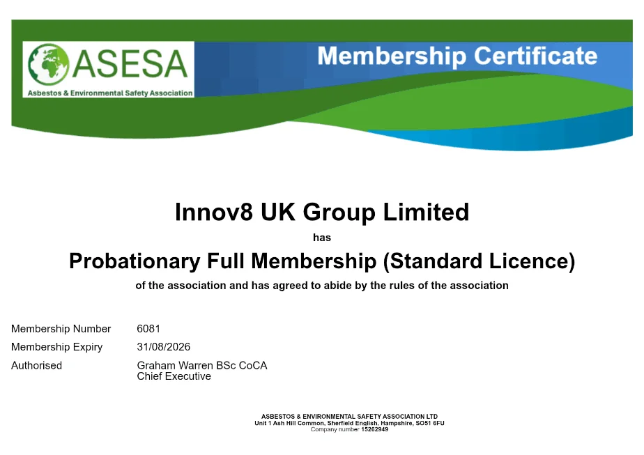 ASESA membership certificate — Innov8 UK Group Limited, membership number 6081