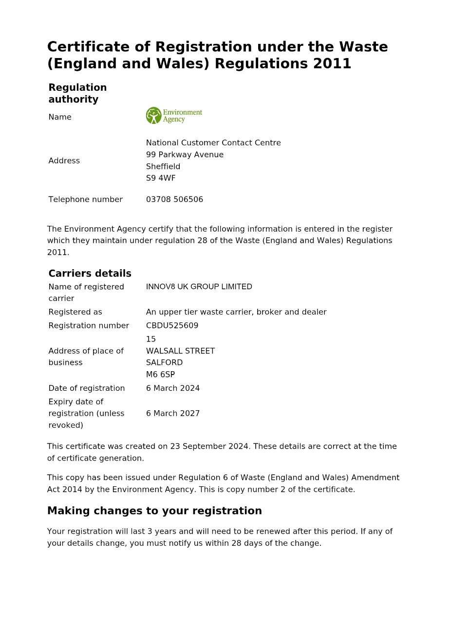 Environment Agency waste carrier registration certificate — Innov8 UK Group Limited