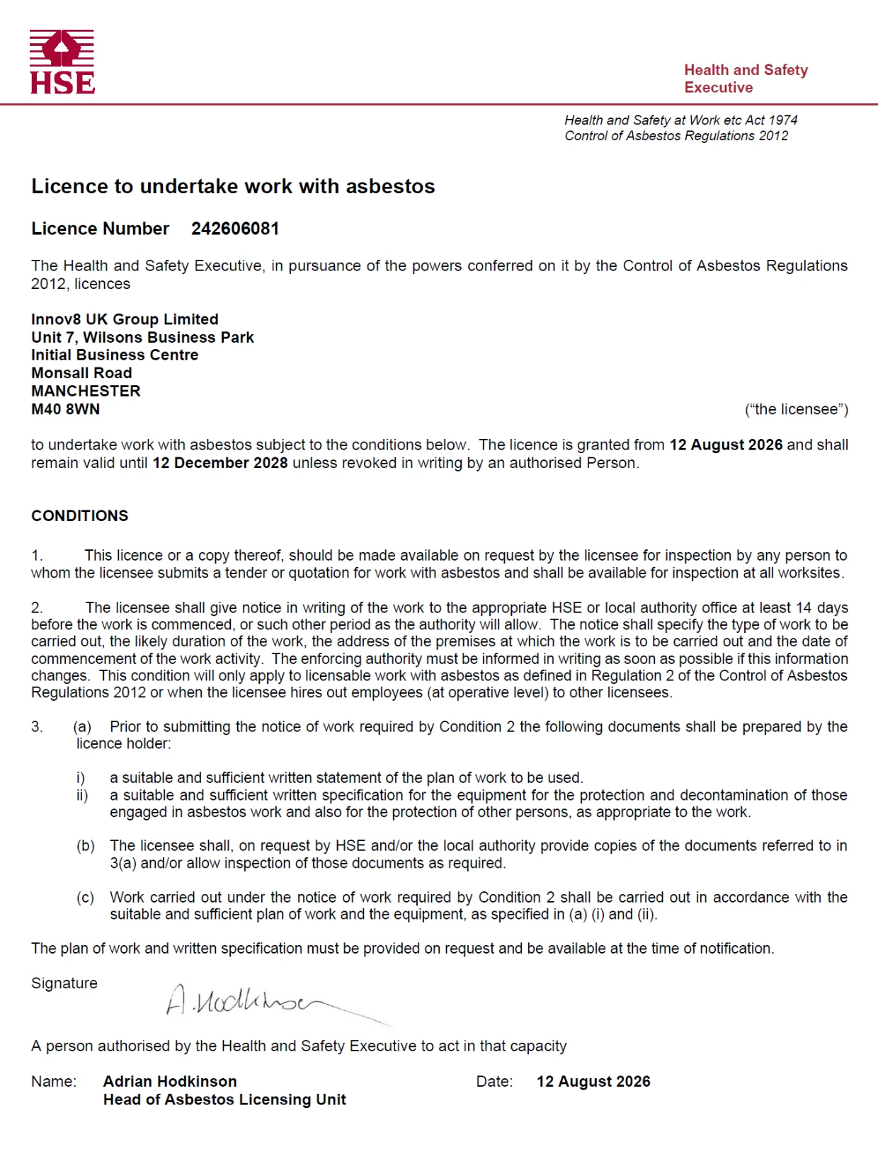 HSE licence to undertake work with asbestos &mdash; Innov8 UK Group Limited, licence number 242606081
