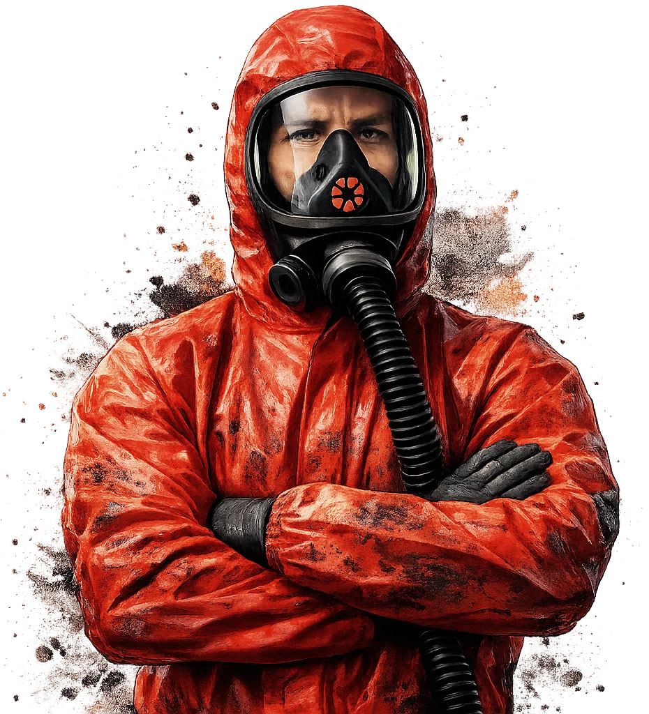 Operative in protective suit and respirator