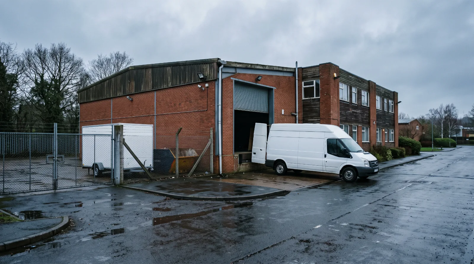 Commercial unit with loading door, Innov8 van and decontamination trailer on site