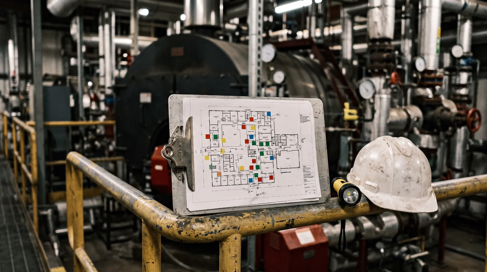 Asbestos register clipboard in a plant room