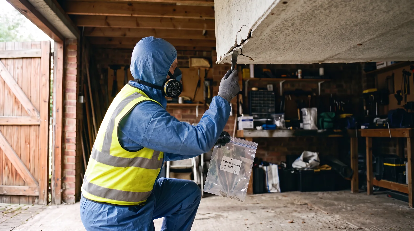 Operative in protective overalls taking an asbestos sample from a garage ceiling in Stockport