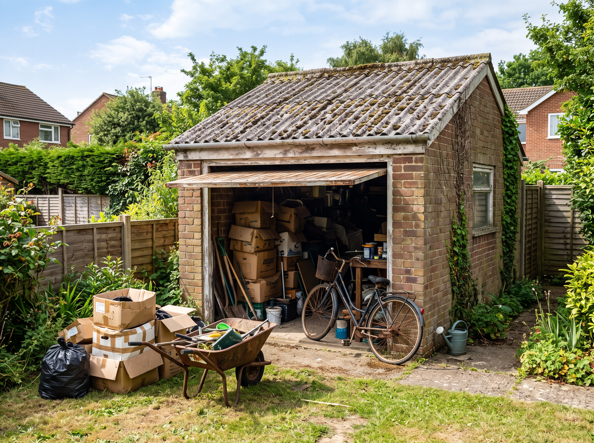 Pre-2000 brick garage with corrugated asbestos cement roof during a summer clear-out