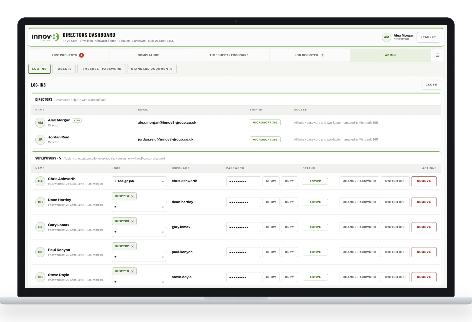 Managing supervisor log-ins and job access