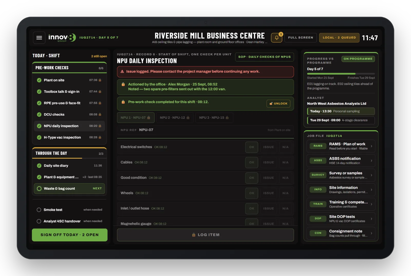 An NPU check with an issue logged and the office’s action shown on the tablet