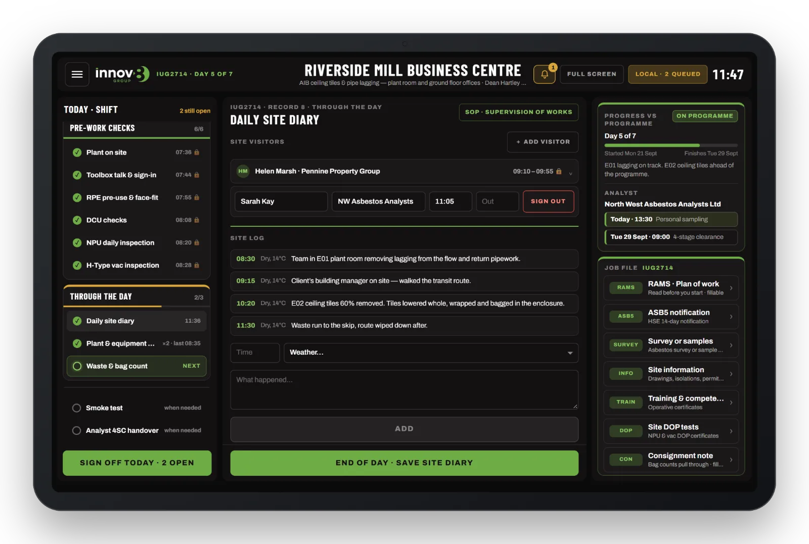 The daily site diary, with visitors signed in and out and a time-stamped site log