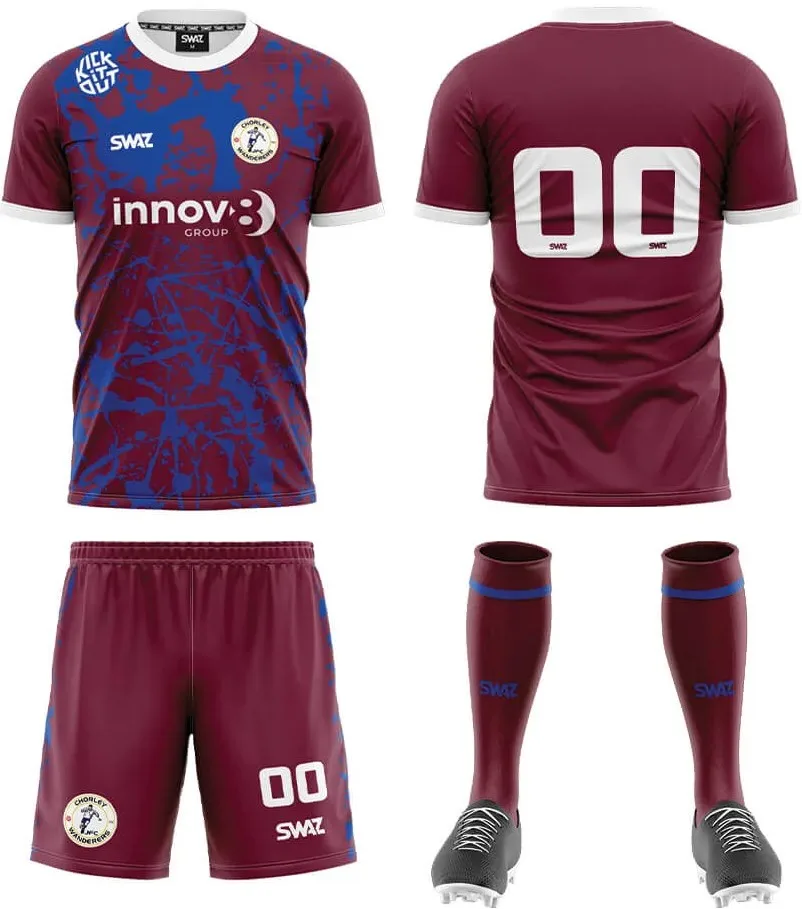 Chorley Wanderers FC new away kit — claret and blue design with Innov8 Group sponsorship