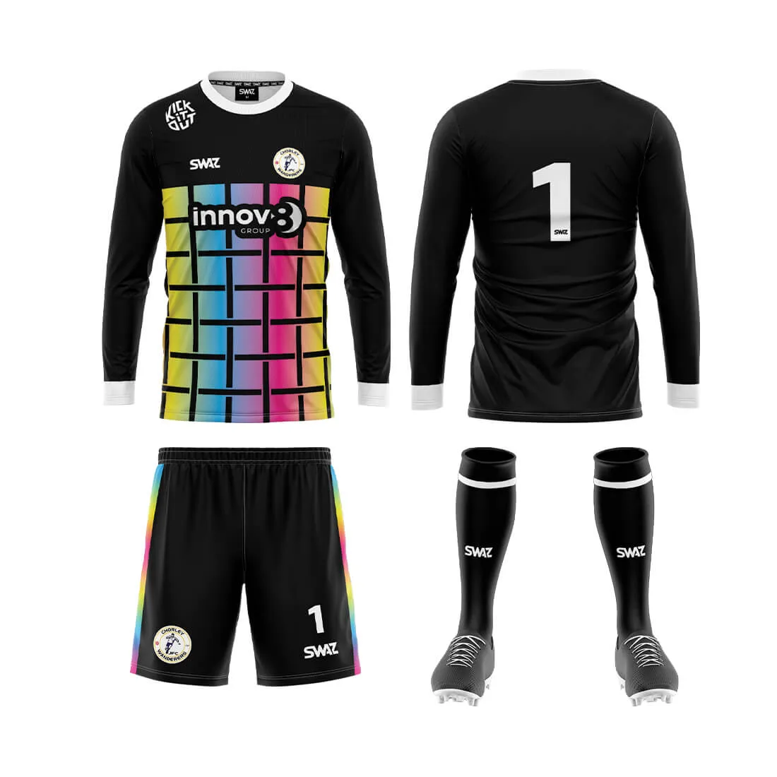 Chorley Wanderers FC new goalkeeper kit — rainbow grid design with Innov8 Group sponsorship