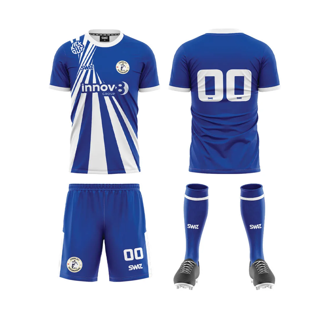 Chorley Wanderers FC new home kit — blue and white sunburst design with Innov8 Group sponsorship