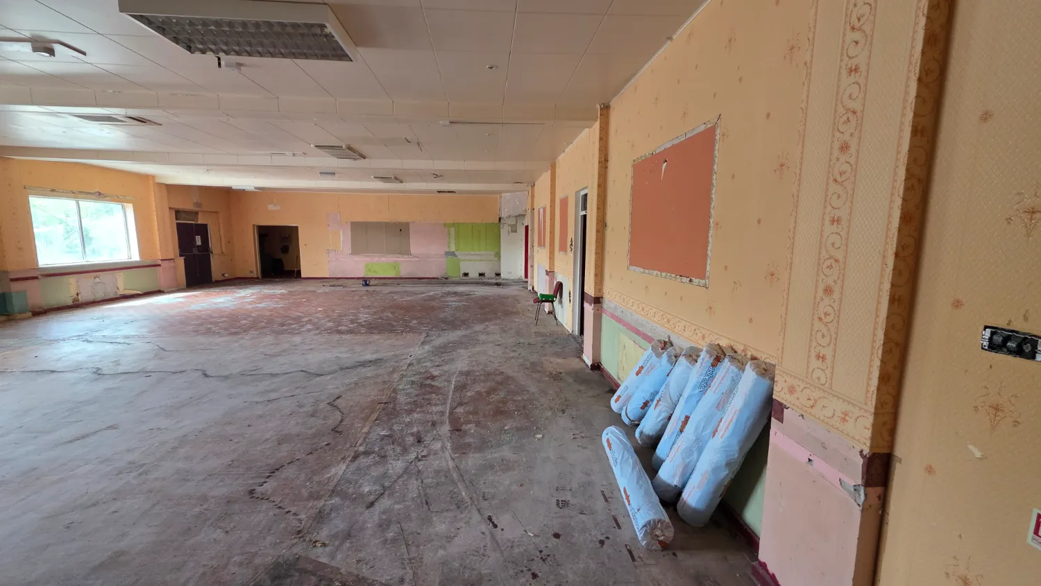 Sequence of works 3&ndash;5: the function rooms before works and during soft strip preparation — St Patrick's licensed asbestos removal project, Southport