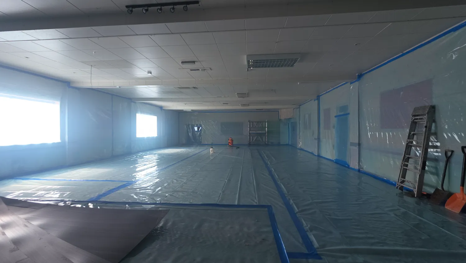 Sequence of works 3&ndash;5: the function rooms before works and during soft strip preparation — St Patrick's licensed asbestos removal project, Southport