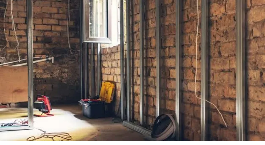 Stripped-back room in a pre-2000 home showing bare brick and timber studwork