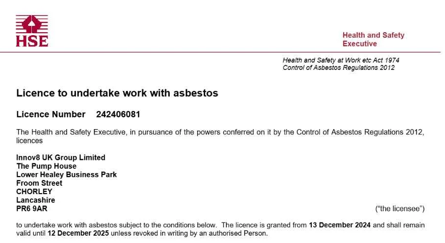 HSE Licensed Asbestos Removal — Innov8 UK Group Is Granted Its Licence