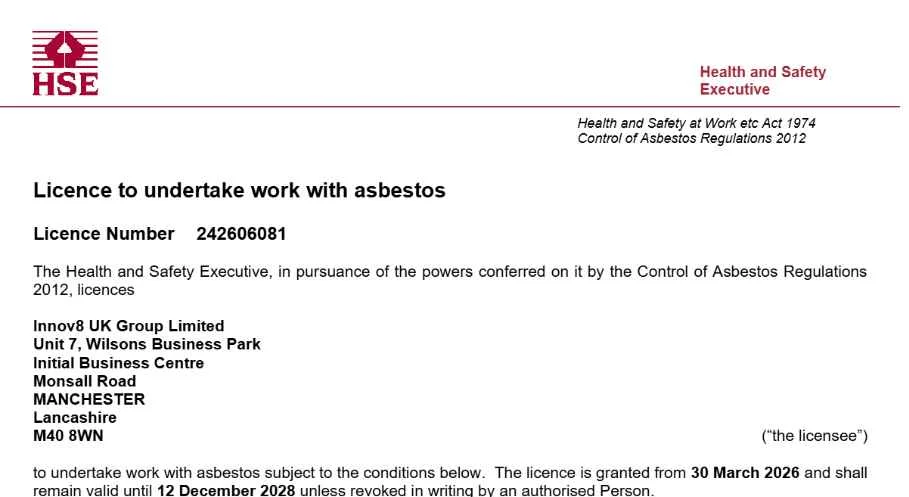 Innov8 UK Group Awarded Full Three-Year HSE Asbestos Licence