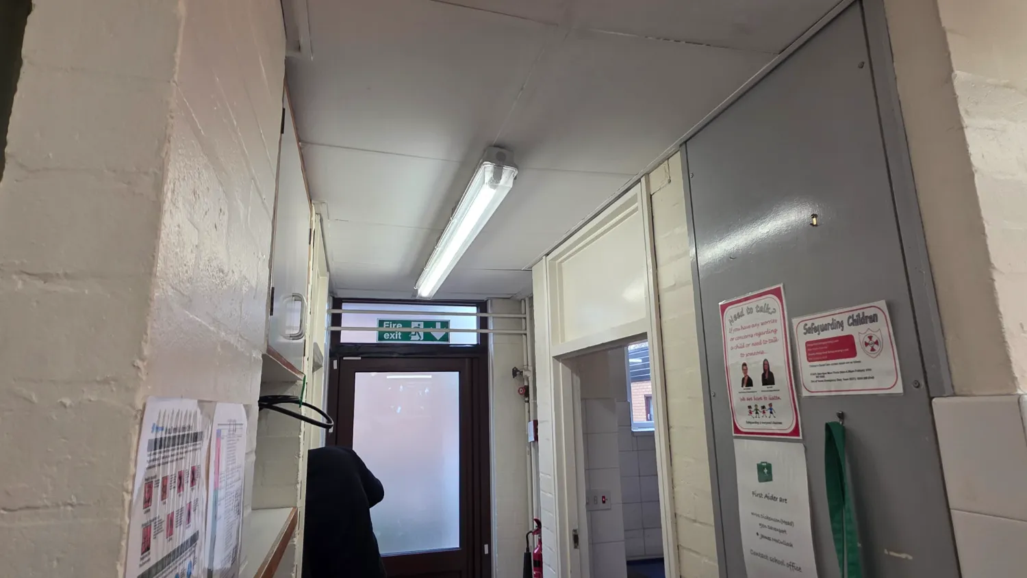 Ceiling tiles and skylight in the canteen servery area of the Widnes primary school