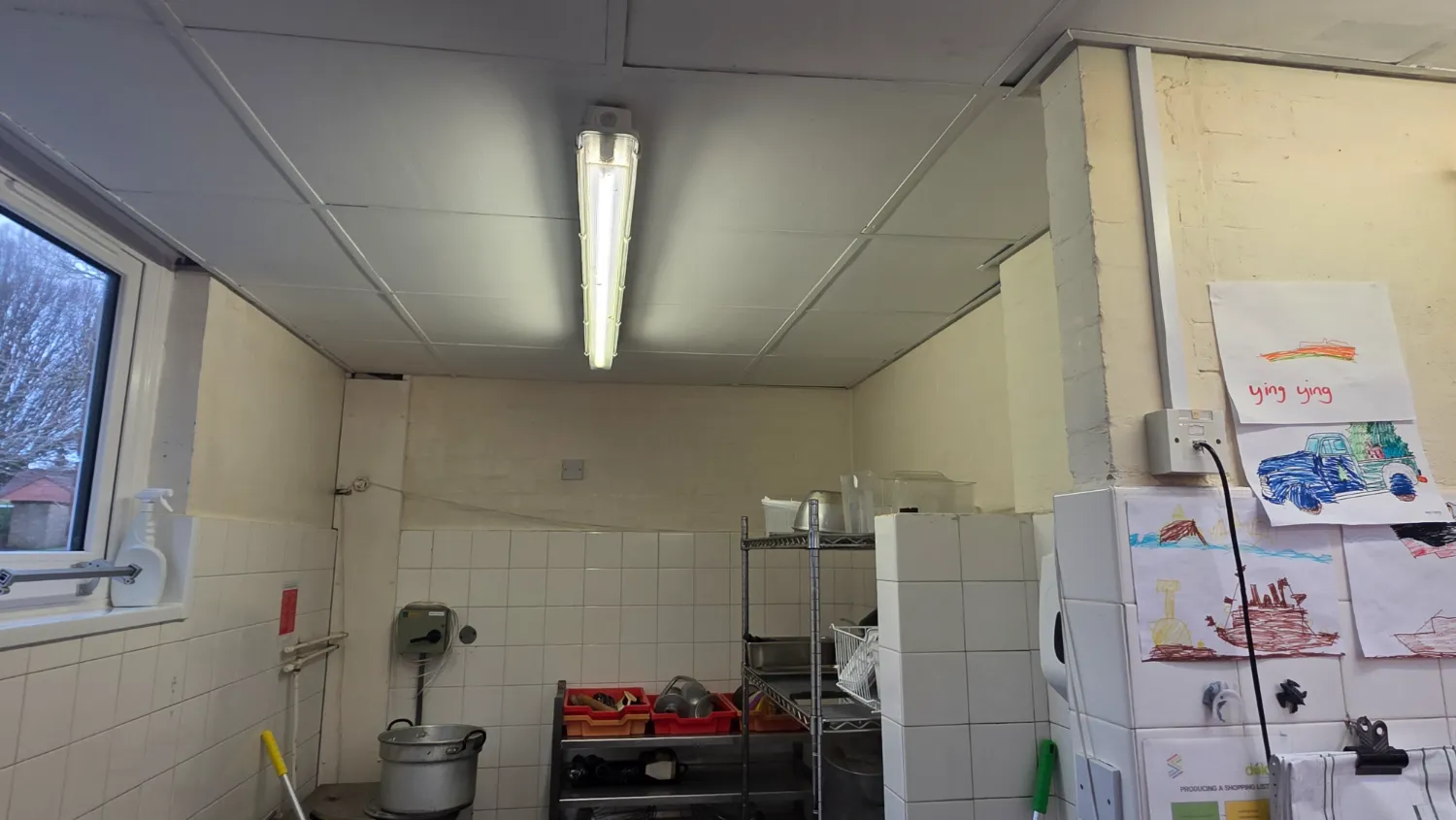 AIB ceiling tiles in the kitchen area of the Widnes primary school ahead of licensed asbestos removal