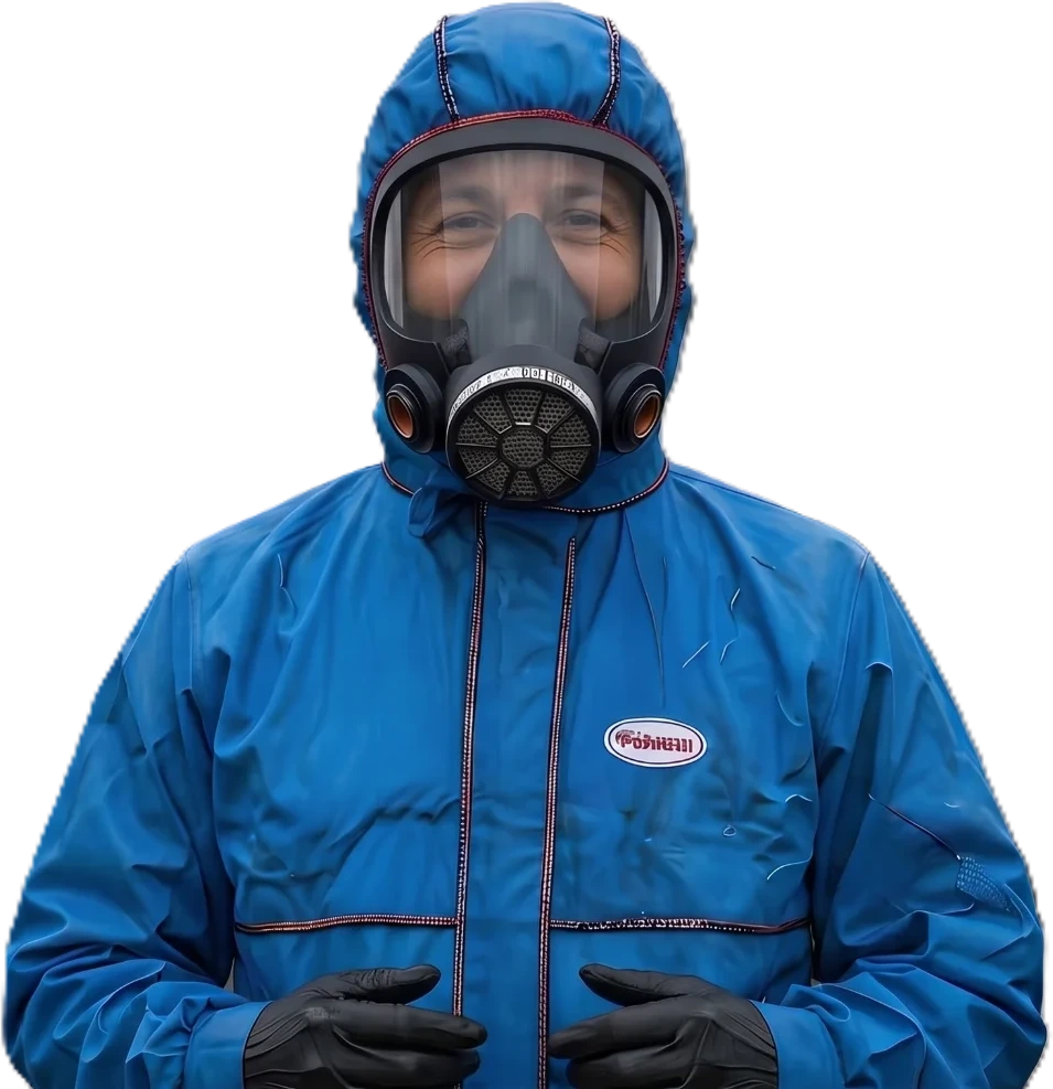 Asbestos operative in blue protective suit