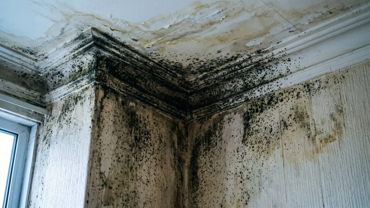 Black mould spreading across the corner of a bedroom wall and ceiling in a damp property