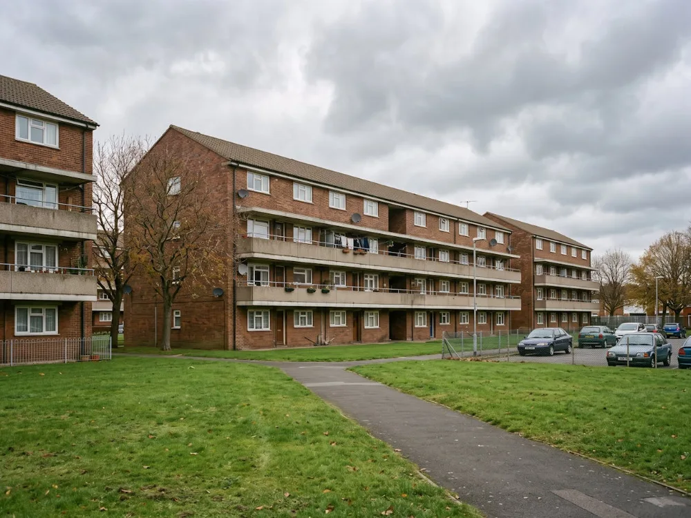 UK social housing maisonette blocks with balcony walkways under an overcast sky