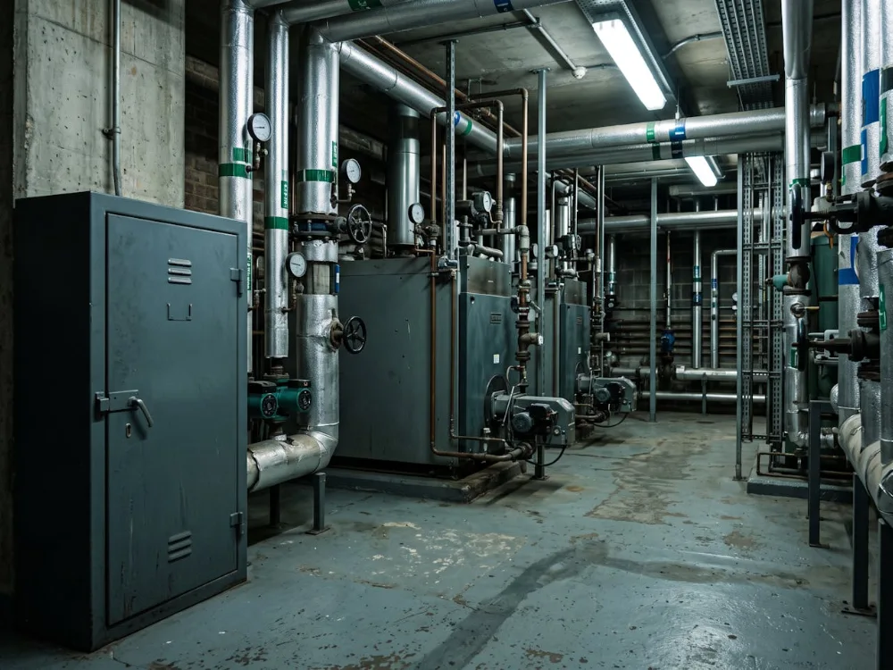Commercial plant room with insulated pipework and a closed service riser cupboard