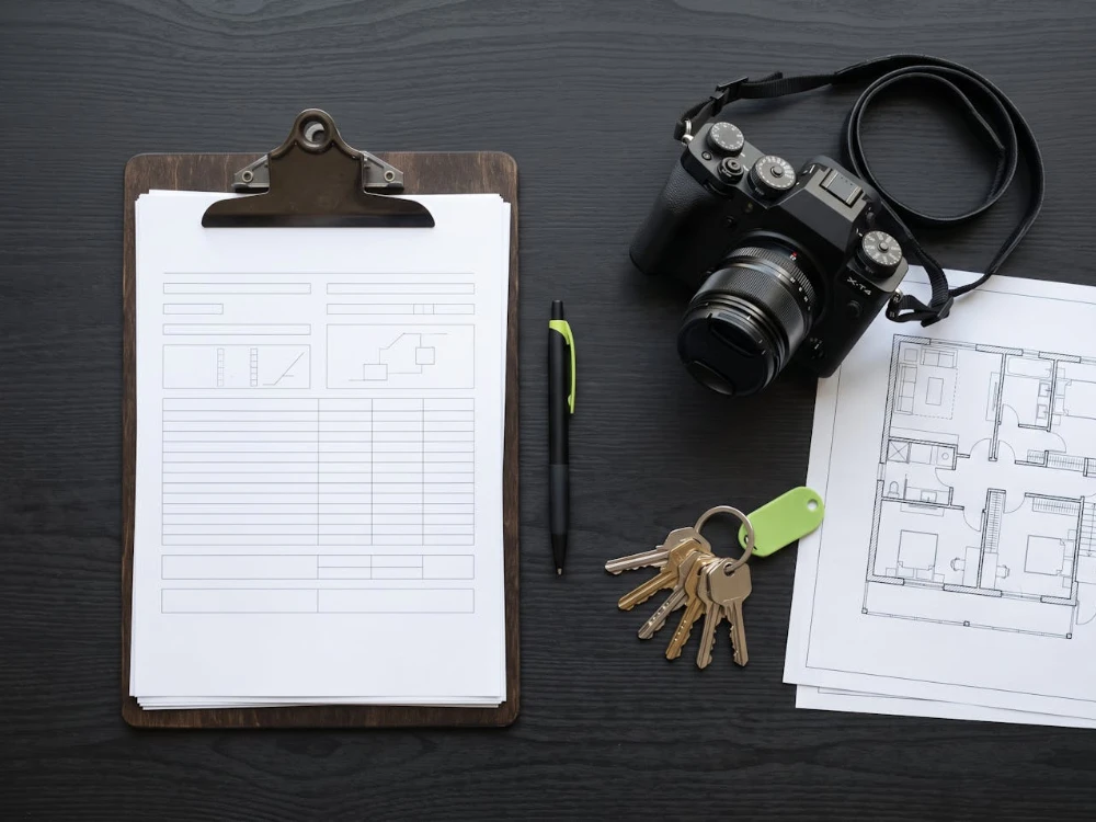 Asbestos compliance audit paperwork, building plan and survey equipment laid out on a desk