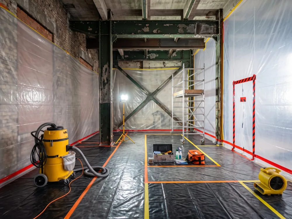 Sheeted containment area with HEPA vacuum unit set up for controlled lead paint removal