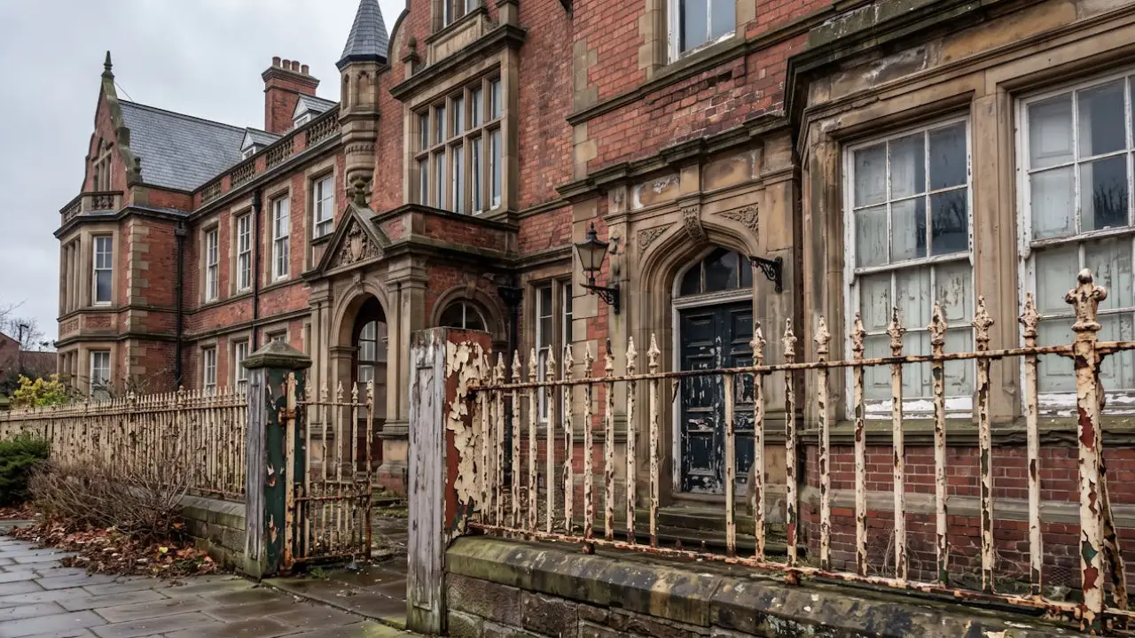 Victorian institutional building with thick old paint cracking and flaking from timber and ironwork