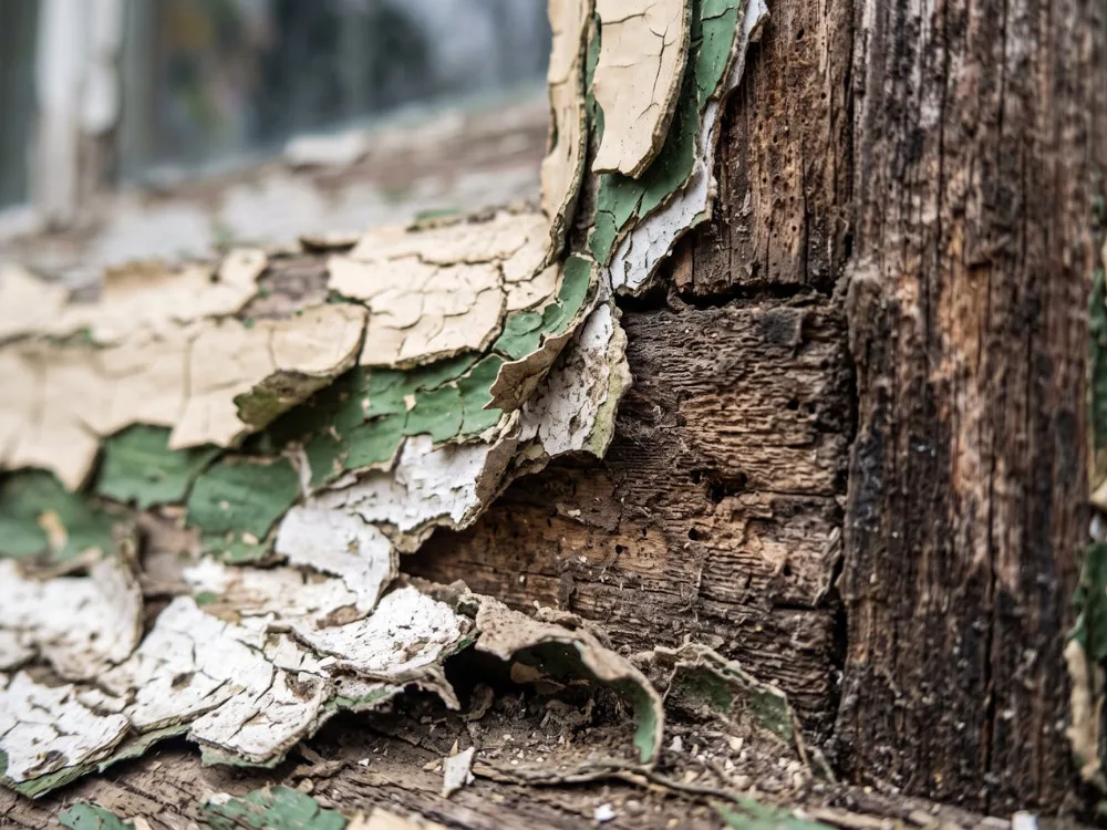 Close-up of layered old paint peeling from a timber window frame exposing bare wood