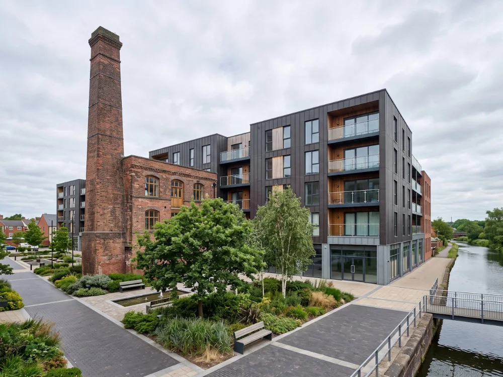 New apartment and commercial buildings completed on a former industrial brownfield site