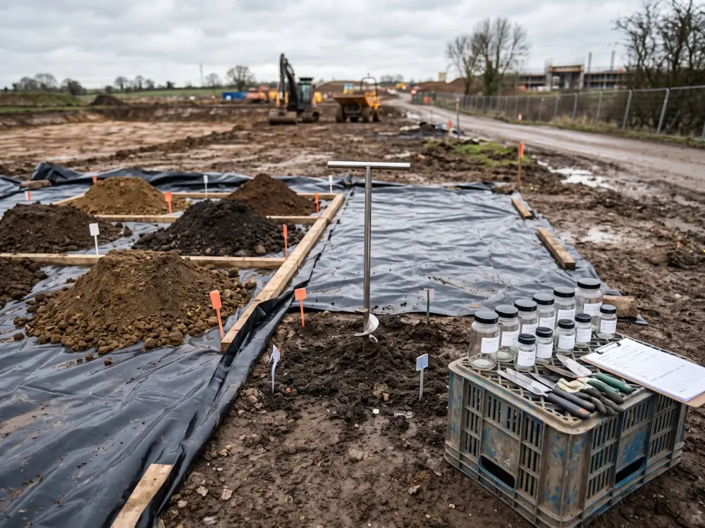 Segregated soil stockpiles and sampling equipment on a contaminated land remediation site