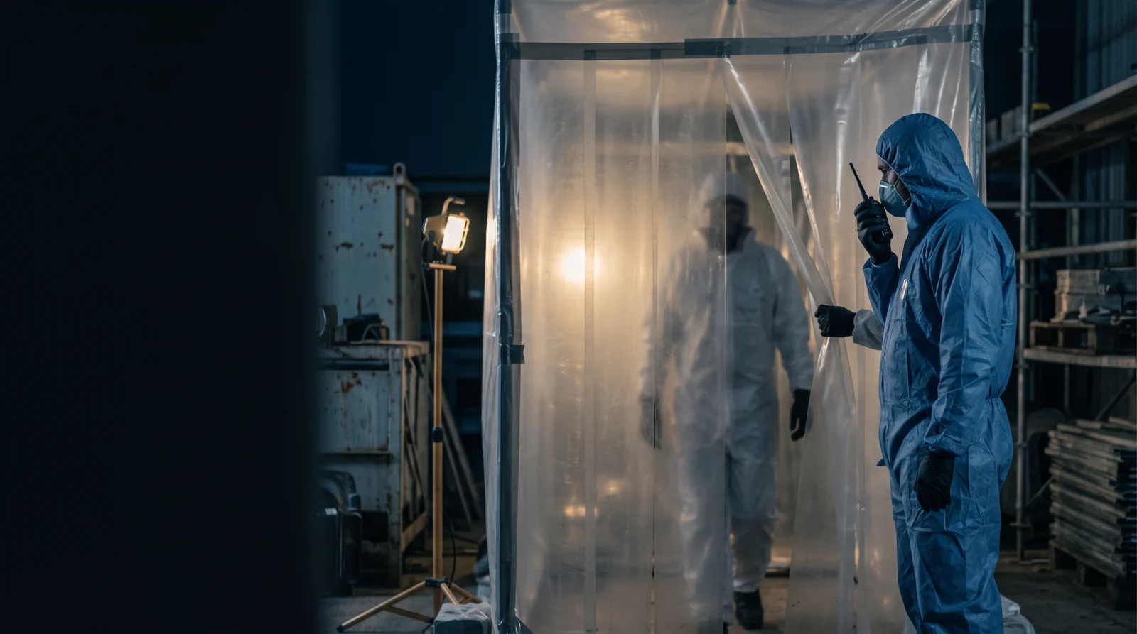 Two asbestos operatives in coveralls and masks at the airlock of a sealed enclosure on a live site at night, one calling ahead on a radio before entry
