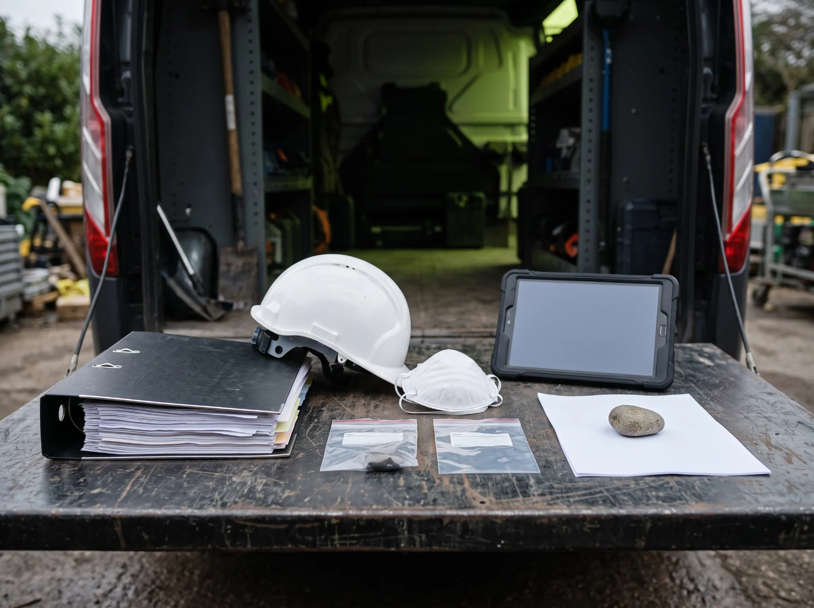 A contractor's plan of work, hard hat, respirator and sealed asbestos sample bag on a van tailgate beside a single loose sheet of paper