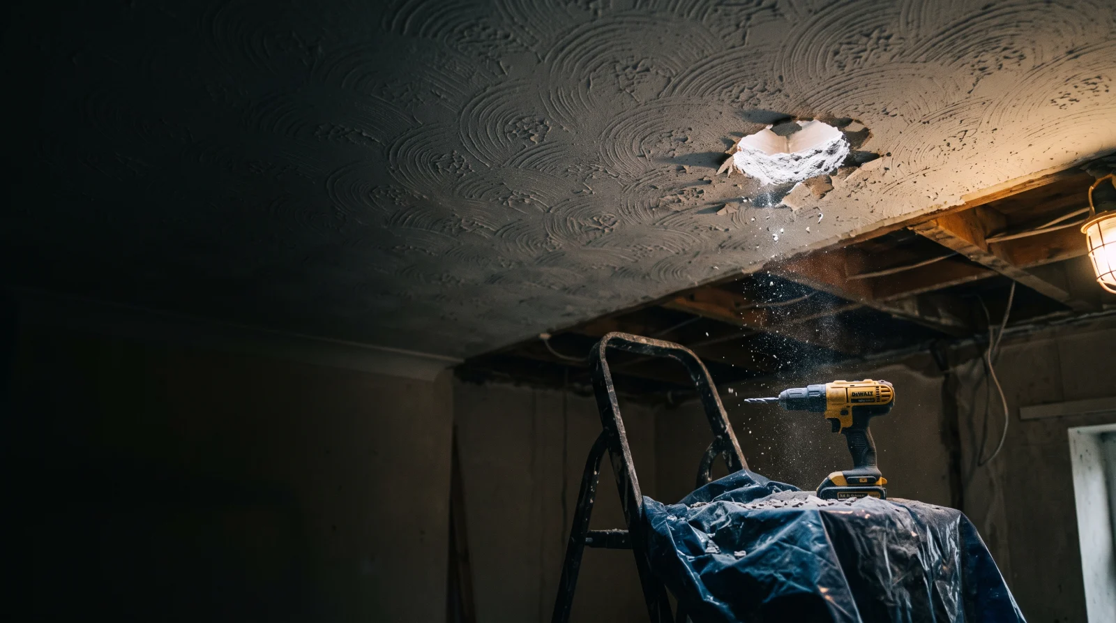 Freshly drilled hole and dust in an old textured Artex ceiling, with a cordless drill and dust sheet on a stepladder below