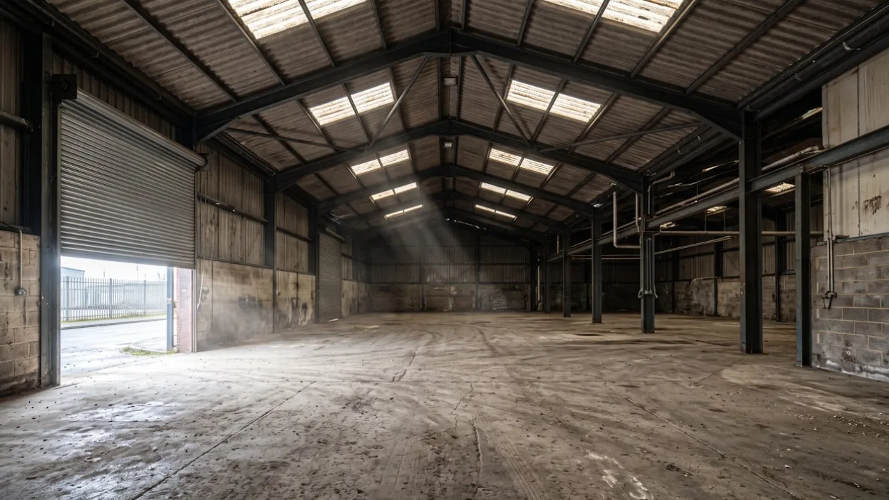 Empty UK commercial industrial unit with roller shutter door partly open awaiting sale