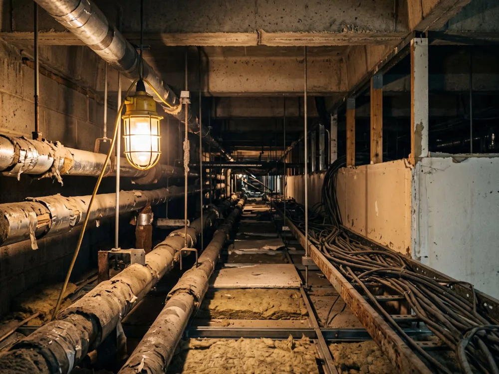 Dusty ceiling void above a suspended ceiling with old pipework and cable runs