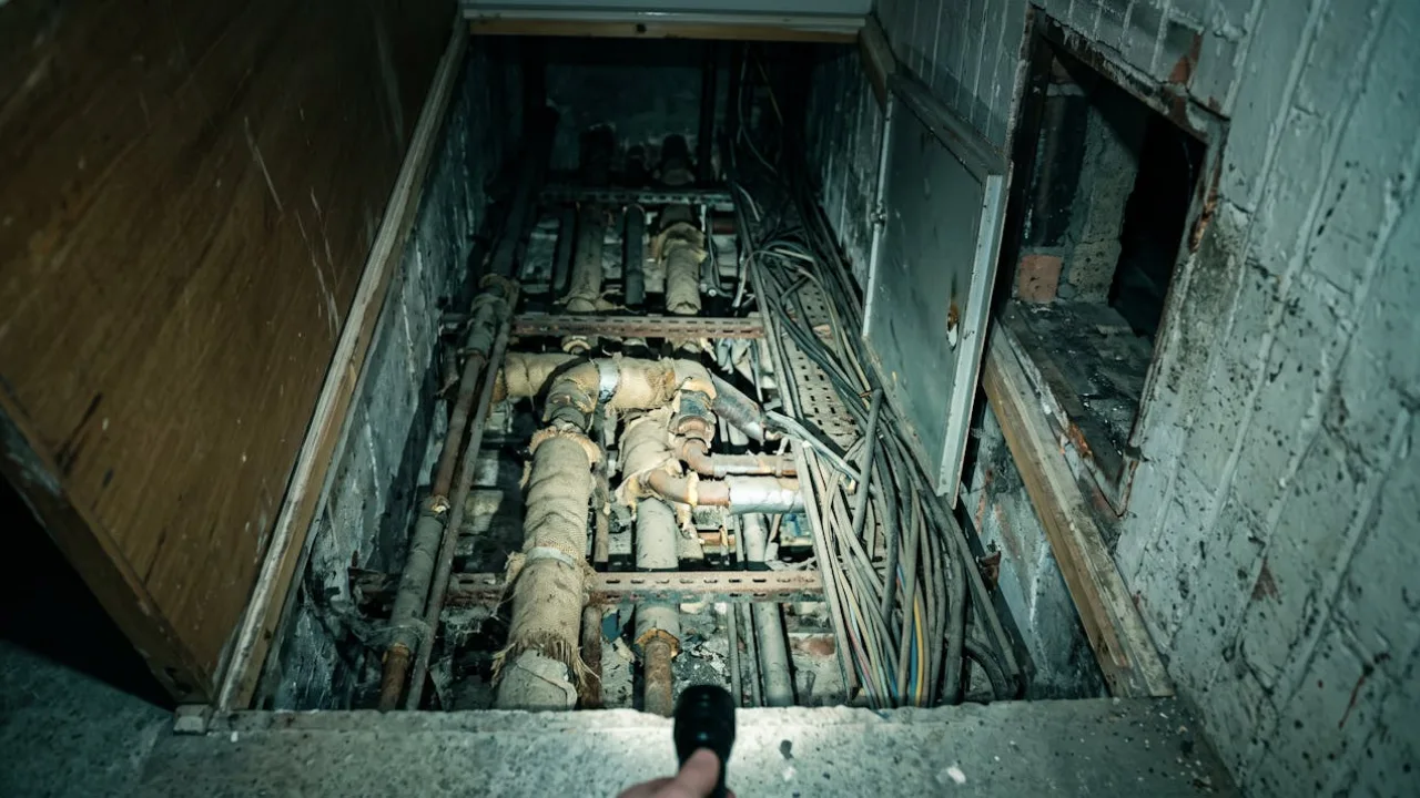 Opened service riser cupboard in a commercial building showing old lagged pipework and cable trays