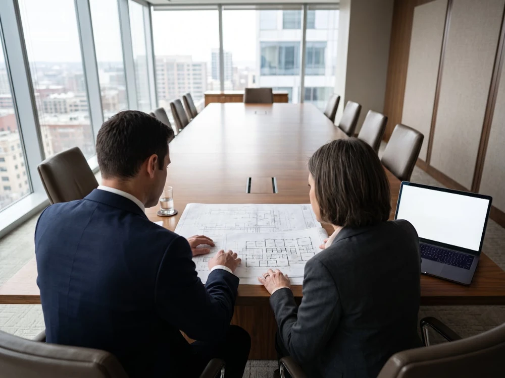 Landlord and managing agent reviewing building plans to establish asbestos responsibility