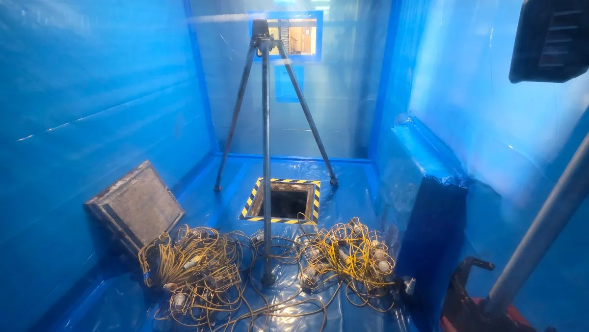 Cardinal Newman High School — winch tripod rigged over the floor hatch inside the enclosure — Innov8 UK Group