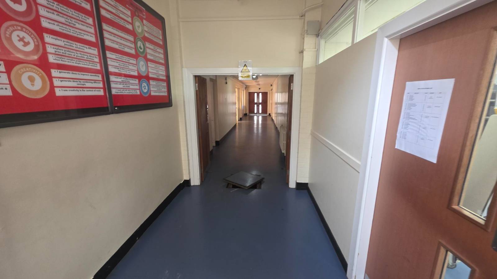 Cardinal Newman High School — corridor floor hatch during reinstatement — Innov8 UK Group