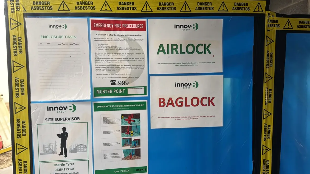Site information board — Licensed AIB & Lagging Removal, Croft House, Keighley — Innov8 UK Group