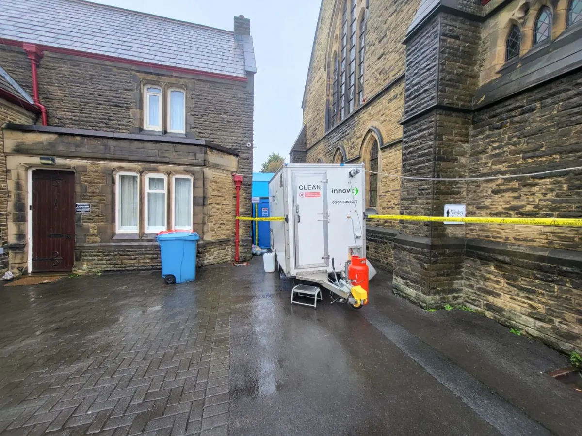 Decontamination unit and compound — Asbestos Pipe Lagging Removal, Methodist Church, Southport — Innov8 UK Group