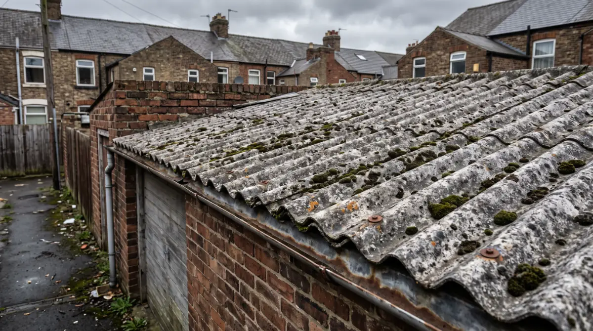 Weathered corrugated asbestos cement garage roof in Manchester &mdash; licensed removal and disposal