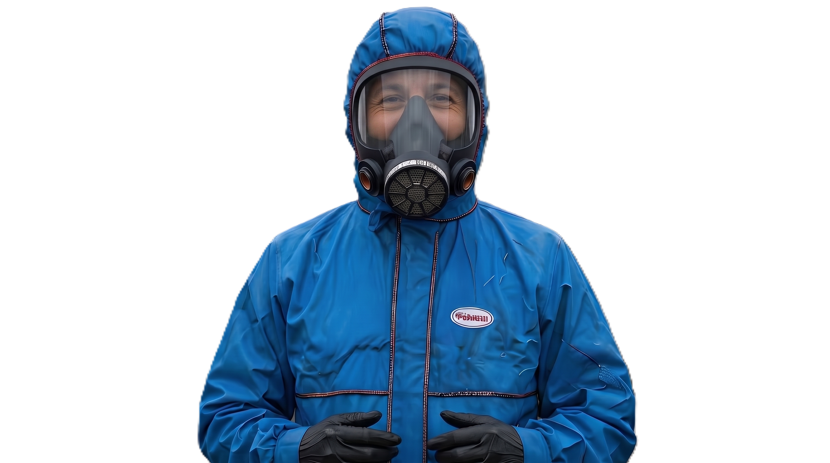 Asbestos operative in blue protective suit